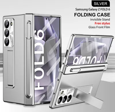 Obrázek produktu pro Pouzdro na Samsung Galaxy Z Fold 6 magnetická ochrana pantu s držákem na pero, galvanizované PC kryt s ochranou objektivu a displeje Stříbro