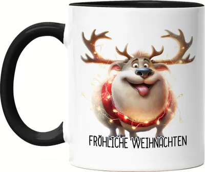 Produktbild von Fröhliche Weihnachten Lustiges Rentier Julklapp Geschenk Tasse Schwarz Lichterkette Adventsgeschenk