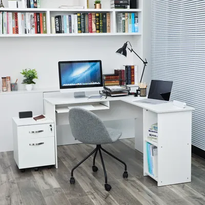 Produktbild von VASAGLE Computertisch weiß mit Tastaturauszug und 2 Ablagen 140 x 120 cm leicht montiert stabil PC-Tisch Bürotisch LCD810W