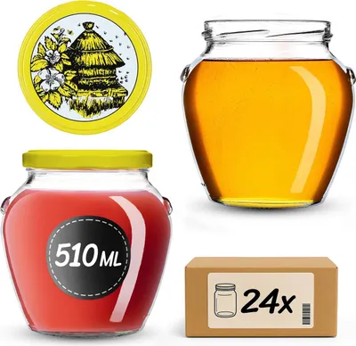 Image de Bocaux KADAX 580 ml avec couvercle à vis fi82mm, bocaux à vis avec couvercle, bocaux à conserve, bocaux à couvercle basculant pour la conservation du miel, des fruits et des légumes, bocaux (ruche, 24 pièces)