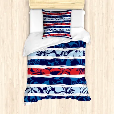 Produktbild von ABAKUHAUS Exotisch Mantele, Tropical Hibiscus Beach, Milbensicher Allergiker geeignet mit Kissenbezügen, 135 cm x 200 cm - 80 x 80 cm, Indigo Red Baby Blue