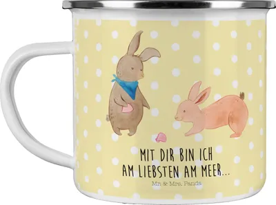 Produktbild von Mr. & Mrs. Panda Teetasse Hasen Muschel - Gelb Pastell - Geschenk, Emaille Tasse, Freundinnen, Muscheln, wandertasse, Teebecher, Pott, BFF, Strand, Best Friends, Haferl
