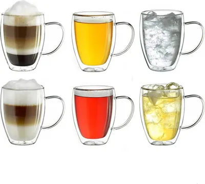 Produktbild von Creano doppelwandiges Thermoglas mit Henkel 400ml, großes Doppelwandglas aus Borosilikatglas, Kaffeegläser, Teegläser, Latte Gläser 6er Set