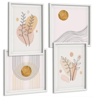 Produktbild von Bilder Set 4-teilig im Goldrahmen Rahmen – Wandbilder 4 Stück – gerahmte Poster für Wohnzimmer, Schlafzimmer und Flur – 50x50 cm - 40x60 cm – Minimalistische Pflanzenzeichnungen