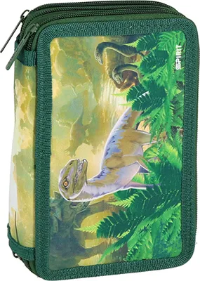 Produktbild von SCOOLSTAR Federmäppchen Dino 3 Kammer 3 Zip Dinosaurier Motiv Schule Kindergarten gefüllt 28 teilig