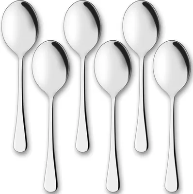 Produktbild von Servierset Edelstahl - 6 Stück - Suppenlöffel/Salatlöffel/Reislöffel/Esslöffel/Tafelöffel - 25 cm - Glänzendes Design