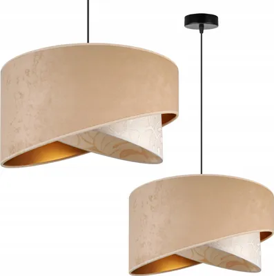 Two pendant lamps with beige shades and patterned inner shades.