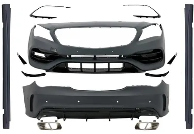Productafbeelding van Bodykit voor Mercedes W117 CLA (modeljaren 2013-2018), facelift-uitvoering, met CLA45-look, inclusief zijskirts en uitlaatsysteem.