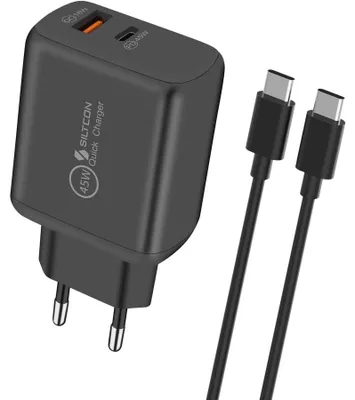 Produktbild von Siltcon® USB-C Adapter 45W & USB-A 18W – USB-C Schnellladegerät – geeignet für Telefone, Tablets & kleinere Laptops – 2 Anschlüsse – inkl. 2m USB-C Kabel