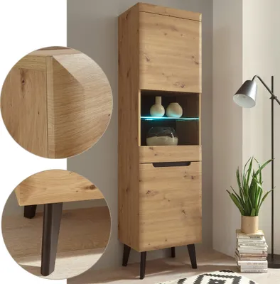 Produktbild von Standvitrine inkl. LED- Beleuchtung TIROL-61 in Eiche Artisan, Absetzung Schwarz B/H/T 53/197/40