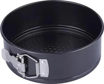 A round black cake pan with a silver latch mechanism is shown against a white background.