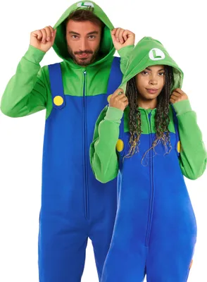 Two people wearing Luigi costumes.