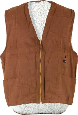 A brown vest with a white fuzzy lining is laid flat against a white background.