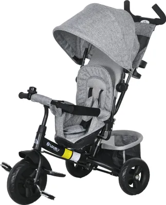Produktbild von Graues Metall-Kinder-Dreirad mit Sonnendach, Rückenkorb und Becherhalter – Stabiles Kinderfahrrad