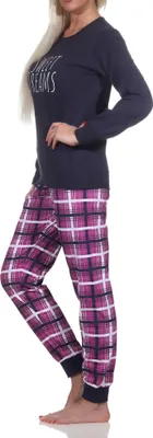 Produktbild von Normann Damen langarm Schlafanzug mit Bündchen Pyjama mit karierter Jersey Hose ; marine , 40-42