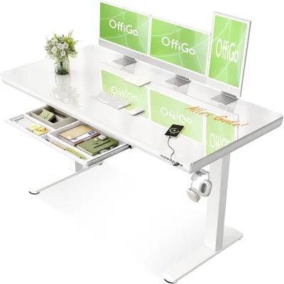 Productafbeelding van Verstelbaar bureau met glazen blad, 140x60 cm, elektrisch, met lade en USB-C poort, wit