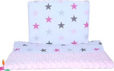 Produktbild von Minky Baby Kinderwagenset Kuscheldecke Kinder Decke Kissen 50 x70 cm 11. Star Rosa + Rosa