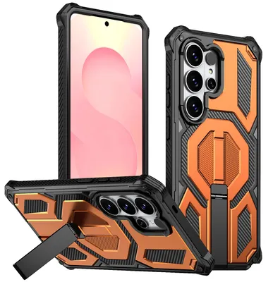 Image de Étui magnétique pour Samsung Galaxy S26 Ultra, compatible MagSafe, avec support métallique, étui antichoc de qualité militaire, orange
