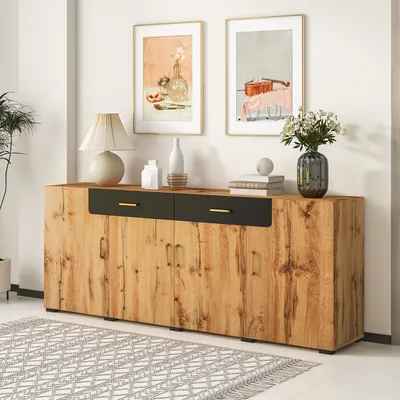 Produktbild von Merax Sideboard Modern, Wildeiche- & Marmor-Optik, 208x39,5x80 cm, 10 Holzfüße, sanft schließend, 78 kg