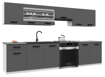 Image de Belini - Coin cuisine moderne ITALIA 4 - Meubles de cuisine 260 cm gris - Cuisine équipée avec éléments hauts, éléments bas et plans de travail