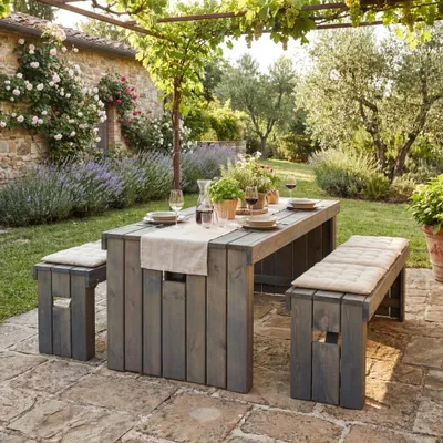 Produktbild von Garten Sitzgruppe Typ 8 aus lasierter Kiefer, grau, Tisch 180x76 cm, 2 Bänke