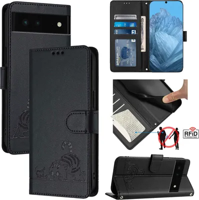 Produktbild von Leder Hülle für Google Pixel 6 Süße Katze Flip Case Brieftasche Schutzhülle mit Standfunktion Schwarz