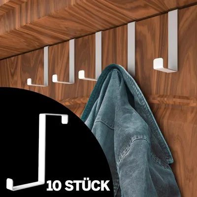 Produktbild von Aurelia Home Große Türhaken 36–41 mm, 10er Set - Weiß Türhaken aus Edelstahl zum Einhängen, vielseitige Türgarderobe - Stabile Kleiderhaken für die Tür, Türhakenleiste zum Aufhängen
