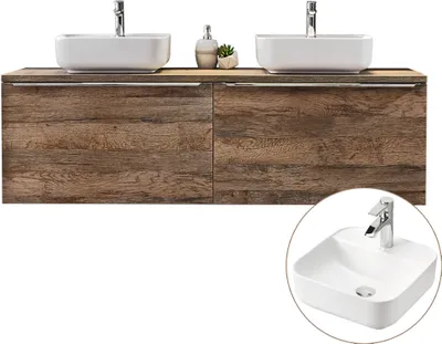 Produktbild von Doppelwaschtisch-Unterschrank 160cm mit 40cm Waschbecken PUEBLA-56 in Vintage Oak, B/H/T ca.: 160,4/62,5/46 cm