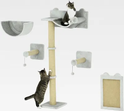 Produktbild von Kletterwand Katzen 5-teilig Katzen Kletterwand Set mit Kratzpfosten, Hängematte, Sprungplatt, Wandkratzbaum, Klettern Katzenkratzbaum Katzenmöbel für Katze bis 5 kg, Hellgrau
