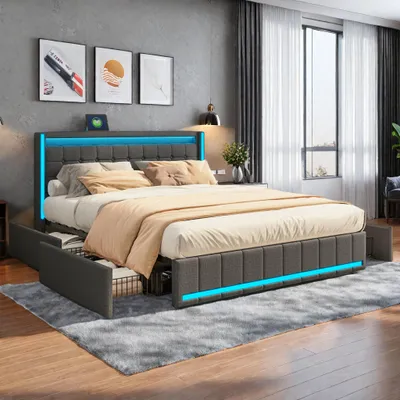 Immagine prodotto di Letto imbottito Fortuna Lai matrimoniale 180x200 con testata a LED e porta USB, letto contenitore con 4 cassetti, struttura letto con rete a doghe e giroletto, lino, grigio