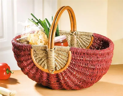 Image de Panier à provisions "Rouge" en jonc de mer & rotin, panier tressé, panier en rotin, panier de transport