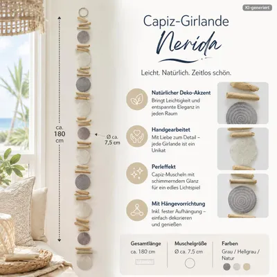 Immagine prodotto di Ghirlanda di Capiz decorazione di conchiglie con legno di deriva dipinto 180cm fatto a mano decorazione della parete decorazione della finestra decorazione della stanza ghirlanda grigio natura selezione casuale, Immagine generata dall'IA