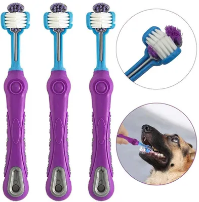 A collage of images showing three purple and blue dog toothbrushes, a close-up of one toothbrush head, and a dog being brushed.