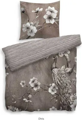 Produktbild von HnL Baumwolle Wende Bettwäsche Blumen Pfau Chris 135x200 cm + 80x80 cm Taupe