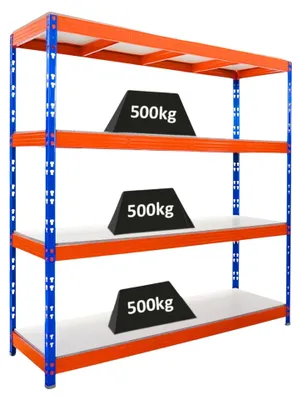 Produktbild von Profi Schwerlastregal Rhino | HxBxT 200x200x60cm | 4 Melamin-Ebenen 16mm | Fachlast 500kg | Blau/Orange