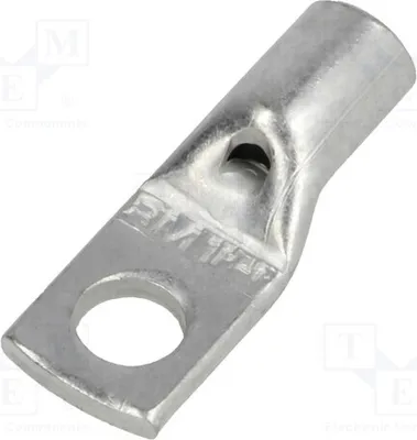 A single metal electrical connector on a white background.