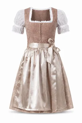 Produktbild von 2-teiliges Trachtenkleid (Kleid + Schürze) in Hellbraun/Dunkelbeige, KI-generiertes Bild