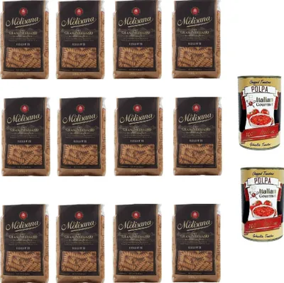 Produktbild von La Molisana Vollkorn Fusilli Nr. 28, 12 x 500g Familienpack, 100% italienischer Hartweizen, Bronze gezogen, ideale Pasta für jeden Tag + Italian Gourmet polpa