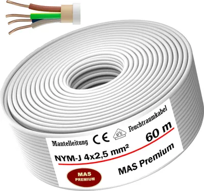 Produktbild von Feuchtraumkabel Stromkabel Mantelleitung 60 m NYM-J 4x2,5 mm² Elektrokabel