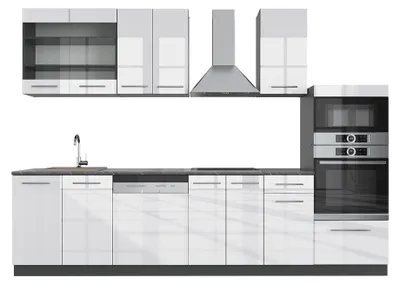 Zdjęcie produktu dla Aneks kuchenny Vicco Fame-Line Biały wysoki połysk/antracyt 300 cm z wysoką szafką, bez blatu, Model 35795