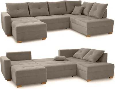 Produktbild von Wohnlandschaft U-Form Sofa groß Schlaffunktion Couch Bettkasten Cord Braun Taupe / 15219
