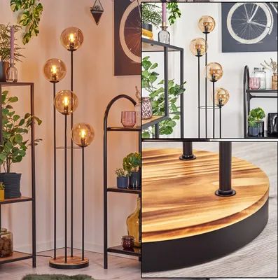 Produktbild von Fossobiubo Stehlampe aus Metall/Holz/Glas in Schwarz/Natur/Bernsteinfarben