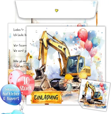 Produktbild von Bagger Einladungskarten Kindergeburtstag Junge | XXL Bauarbeiter Geburtstagseinladungen jungen 15 x 15 cm | 10er Set mit Umschlägen & Stickern | Einladungskarten Geburtstag