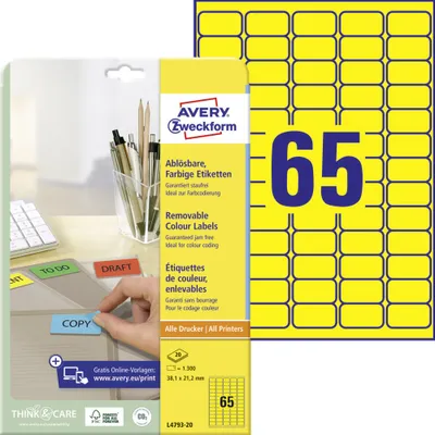 Produktbild von Avery Zweckform L4793-20 Farbige Etiketten, ablösbar, A4, 38,1 x 21,2 mm, 20 Bogen/1.300 Etiketten, gelb