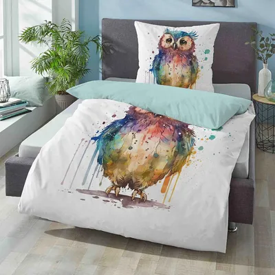 Produktbild von Biberna Bettwäsche Eule 44484-008 bunt 135x200 cm + 80x80 cm