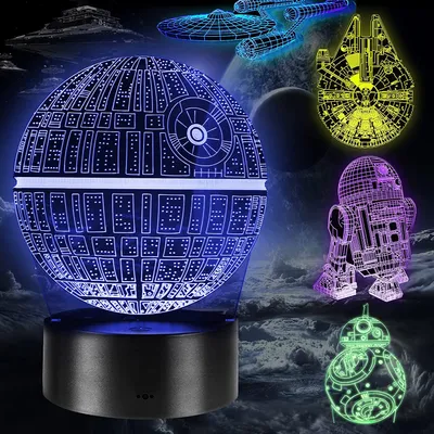 A collage of Star Wars-themed 3D LED lamps in various colors, including the Death Star, Millennium Falcon, R2-D2, and BB-8, set against a dark, cloudy background with planets and spaceships.