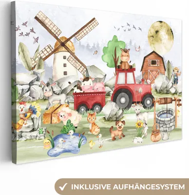 Produktbild von MuchoWow® - Leinwandbilder - Bauernhof - Traktor - Kinder - Tiere, Wandbild, Wanddeko Bilder Wohnzimmer, 30x20cm