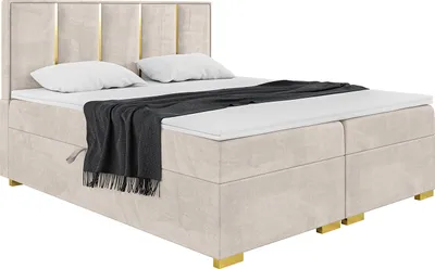 Produktbild von MEBLINI Boxspringbett mit Bettkasten - Gepolstert Doppelbett mit Matratze und Topper - Polsterbett mit Stauraum - Bett mit Kopfteil - Antonio Gold - 180x200 - H4/Beige Samt