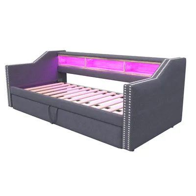 Produktbild von Flieks Polsterbett Schlafsofa 90x190cm/180x190cm, Tagesbett Daybed mit Unterbett, Holzbett Sofabett mit USB und LED, Funktionsbett Leinen, Dunkelgrau