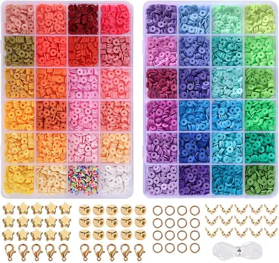 Produktbild von Set aus Tonperlen – Hochwertiges Bastelset für Mädchen – 6 mm große, mehrfarbige Polymer-Tonperlen – 4800-teiliges Set – 48 Farben – Flache Perlen